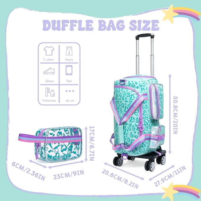 Kids Rolling Duffle Bag with Wheels for Girls - Travel Overnight Bag with Makeup and Toiletry Bag - Dance Bag for Women - Image 3