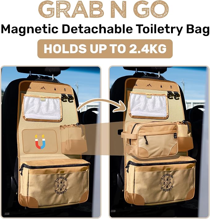 Living in a Bubble Seat back Organizer – Magnetic Toiletry and Cooler Pouch, Cordura Car Backseat Storage with Device Holder & Hooks, Multi-Compartment Utility Bag for Campervans & Family Travel - Image 2