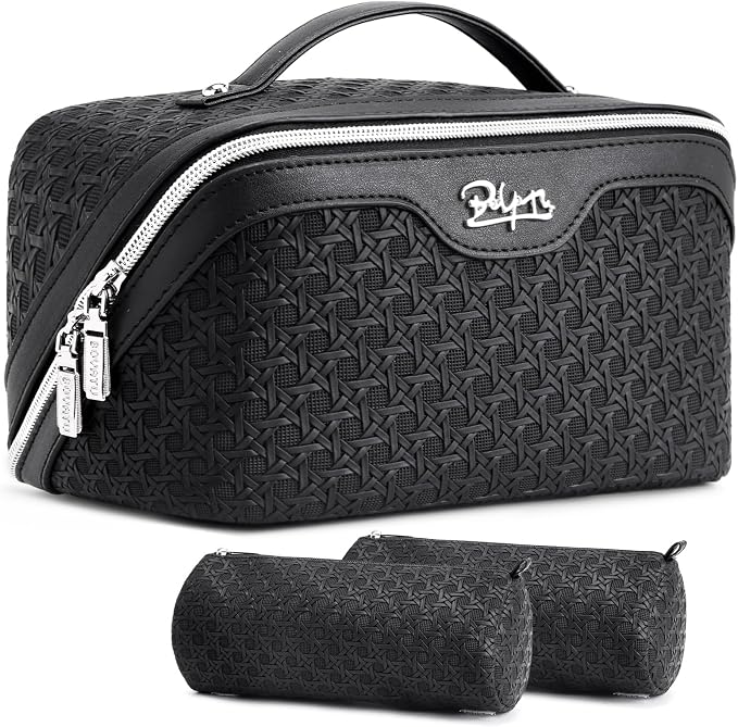BOYATU Travel Makeup Bag Cosmetic Bags for Women: Large Capacity 3 Pcs Set Make up Bag with Compartments - Waterproof Vegan Leather Toiletry Organizer Bags with Handle (M-71Black) by BOYATU
