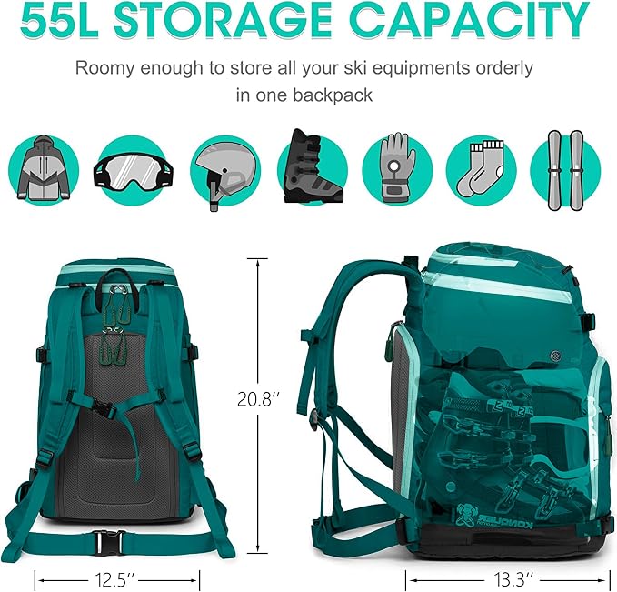 Ski Boot Bag, 55L/70L Waterproof Ski and Snowboard Boots Travel Backpack for Skis, Snowboard, Ski Helmet, Goggles, Gloves & Accessories - Image 2