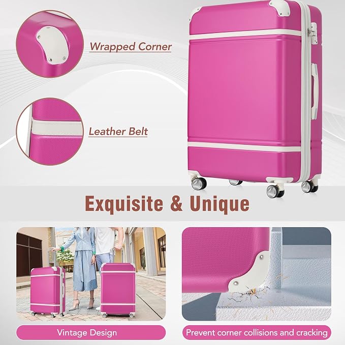 Merax Luggage Set 3 Piece Suitcase Set with Cosmetic Case Expandable Spinner Wheels Vintage Luggage Sets(Pink,20"+24"+28") - Image 4