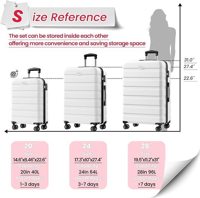 AnyZip Luggage Sets 3 Piece Hardshell Suitcase Set PC ABS Lightweight Travel Suitcases with 4 Double Spinner Wheels TSA Lock 20 24 28 Inch White - Image 3