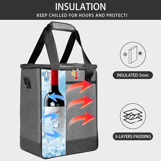 Wine Cooler Bag, Leakproof Insulated Wine Carrier Tote | Fits 2, 3 or 6 bottles with removable divider, shoulder strap, BYOB travel tote for champagne, liquor, picnic and gifts - Image 3
