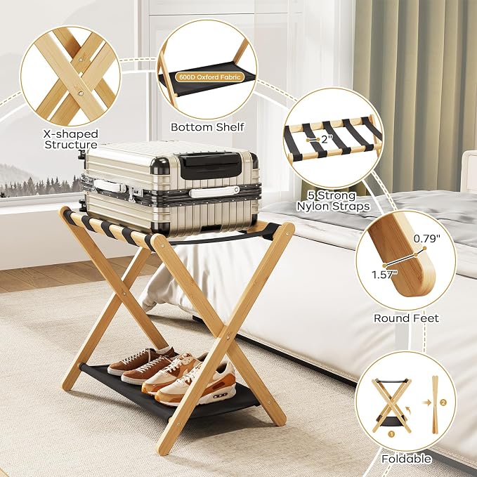 oakvivo Fully Assembled Luggage Rack, 26.77" Natural Luggage Rack for Guest Room, Bamboo Folding Suitcase Stand with Fabric Storage Shelf, Heavy Duty 5 Nylon Straps Luggage Holder for Hotel, 1 Pack - Image 8