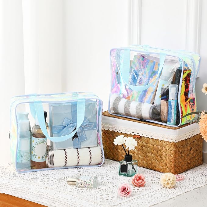 Sweetude 6 Pcs Large Clear Toiletry Bag with Handle Large Capacity Travel Iridescent Beach Makeup Bag PVC Clear Plastic Tote Punch Cosmetic Clothes Storage Organizer for Women Men (Blue) - Image 2