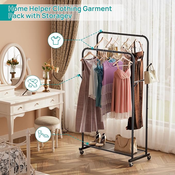 SINGAYE Wardrobe Standing Closet Clothing Rack With Shelf Hanging Clothes | Wardrobe Open Compact Small Metal Garment Hanger Stand Alone Free Standing Black Closet Rack Storage Organizer Heavy Duty - Image 6
