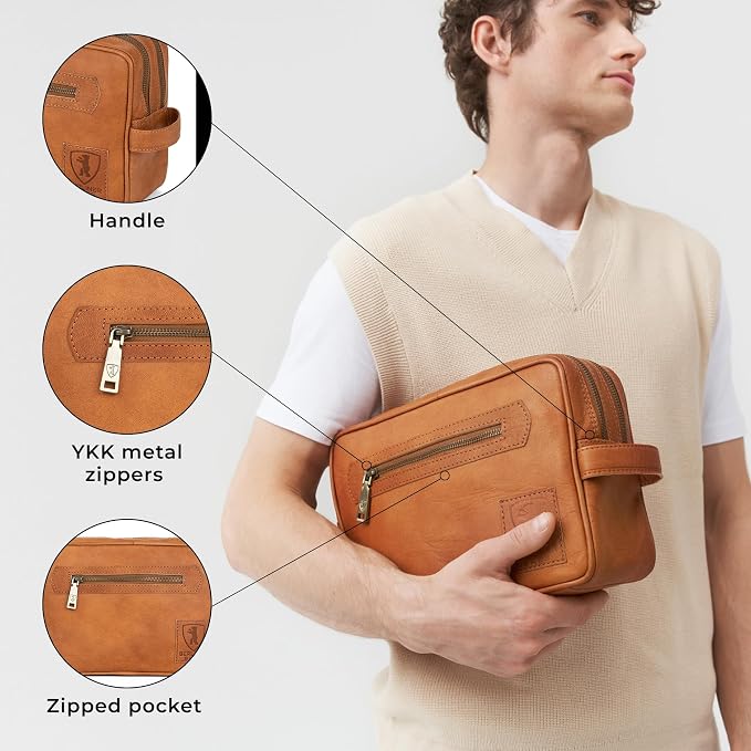 BERLINER BAGS Vintage Genuine Leather Toiletry Bag Paul for Travel, Two Zippered Compartments, Large Capacity Cosmetics Bag for Men and Women, Gift for Dad - Brown - Image 5