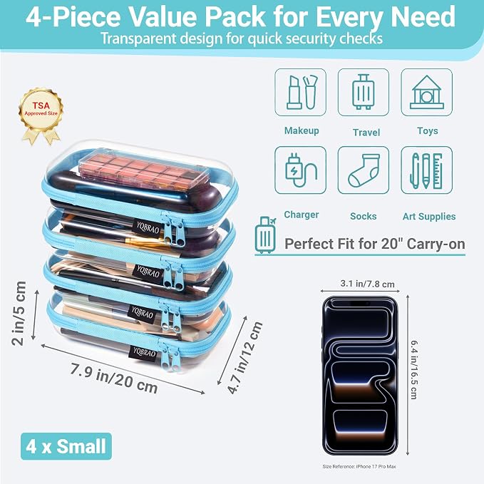 YQBRAO 4-Pack Clear Hard Shell Zipper Case, 1.2mm Ultra-Thick Diaper Bag Organizer Pouches, Rigid Self-Standing Travel Makeup Bags with YKK Zippers, TSA Approved, Blue - Image 4