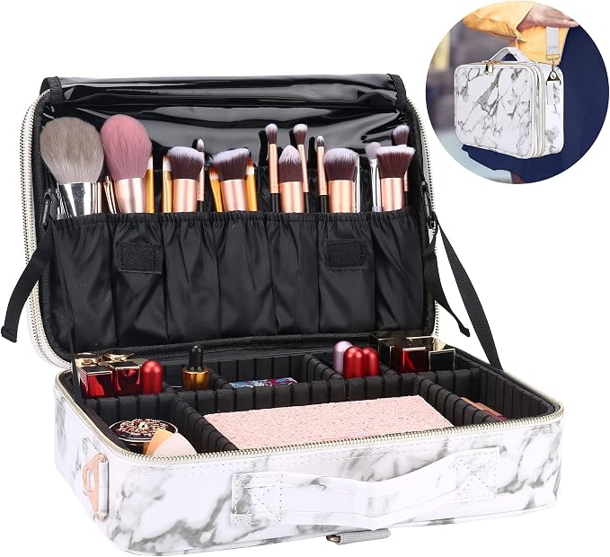 Travel Makeup Train Case,Large Capacity Cosmetic Bags for Women,Portable Makeup Bag Organizer with Adjustable Dividers & Shoulder Strap(Marble White, Medium) - Image 6