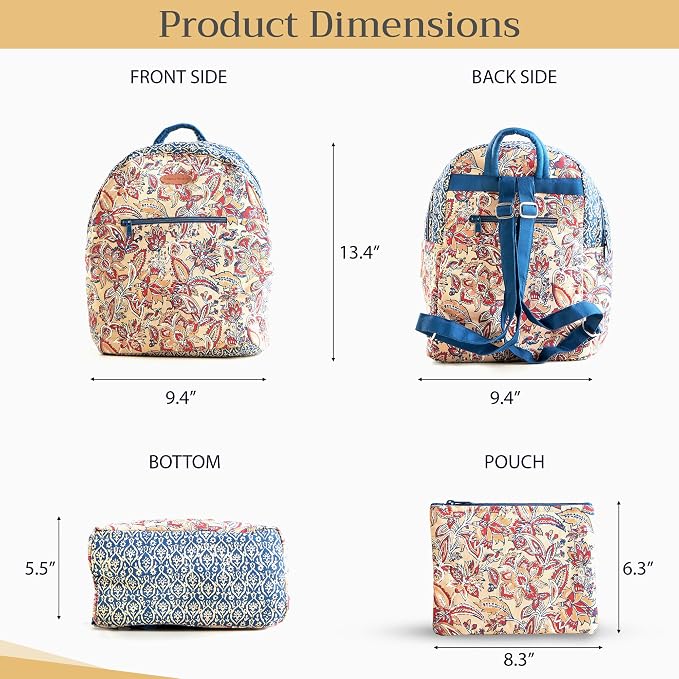 Maison d' Hermine Backpack for Women Men Cotton Shoulder Multipurpose Rucksack with Small Pouch Lightweight Multi Pocket Bag for Travel Work Beach Perfect for Spring Summer (Kerala - Blue) - Image 5