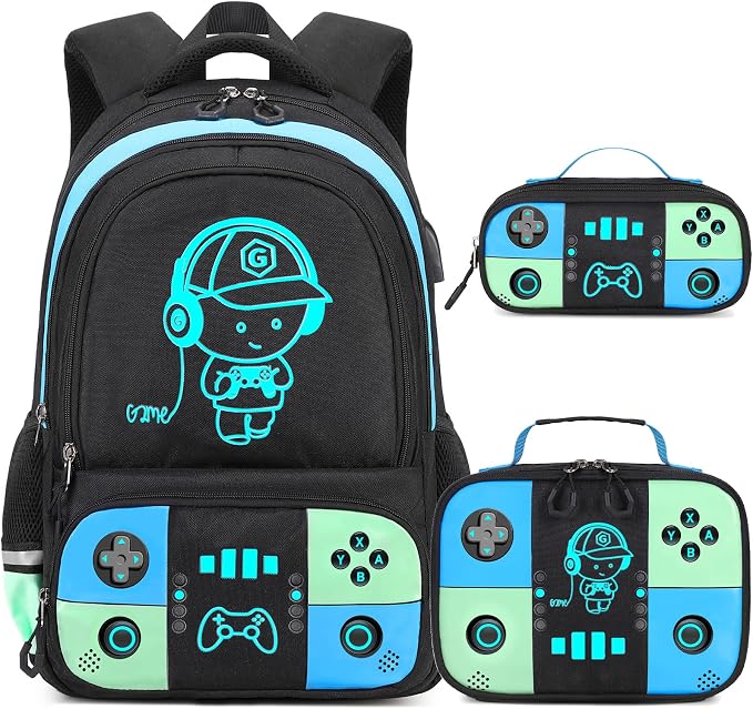 Bevalsa Backpack for School Boys, Cool Luminous Gamer Boys Schoolbag with Lunch Box & Pencil Case Set for Kids Teens Elementary Middle School, Bookbag Glow In The Dark(Blue Green Backpack) by Bevalsa