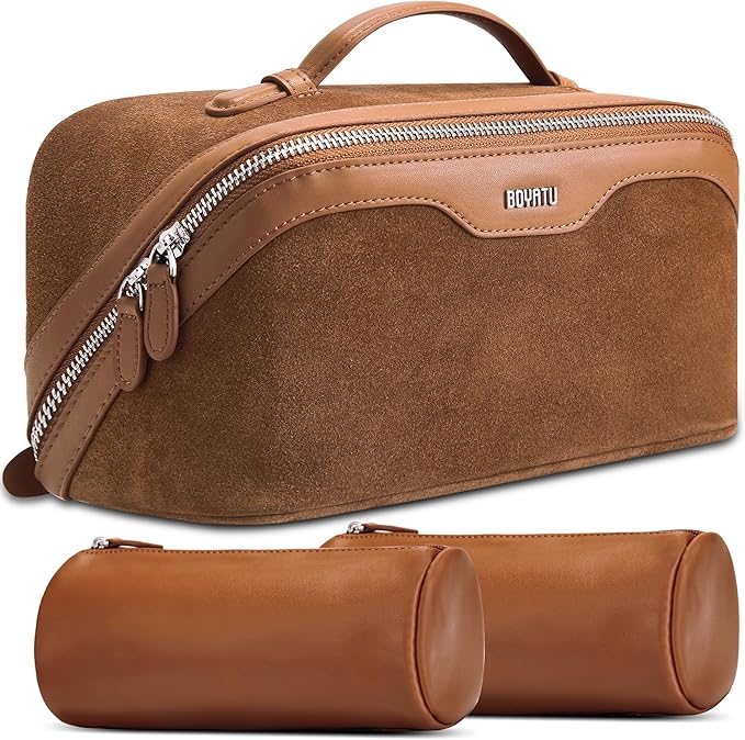 BOYATU Genuine Leather Travel Makeup Bag: Large Capacity 3 Pcs Set Cosmetic Bags for Women - Designer Waterproof Hand-made for Toiletry Organizer - Travel Essentials for Elegance (06Suede-Brown) by BOYATU