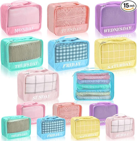Days of Week Packing Cubes Summer Camp Essentials Weekly Organizer Storage Bag School Clothes for Travel Kids Family(9x7x3inch,Macaron,15) by Yeyeplum