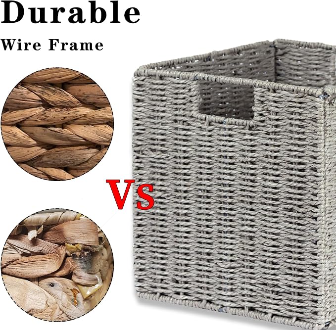 Vagusicc Wicker Basket, Set of 2 Hand-Woven Wicker Storage Basket, Foldable 11 inch Cube Storage Bins, Storage Baskets for Organizing Shelves, Closet Organizers and Storage Bins, Gray (11″×11″×11″) - Image 3
