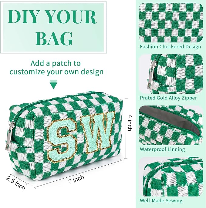 SOIDRAM Checkered Makeup Bag Preppy Cosmetic Bag Bulk Green Makeup Pouch Personalize Travel Toiletry Bag Organizer Cute DIY Makeup Brushes Storage Bag for Women - Image 3