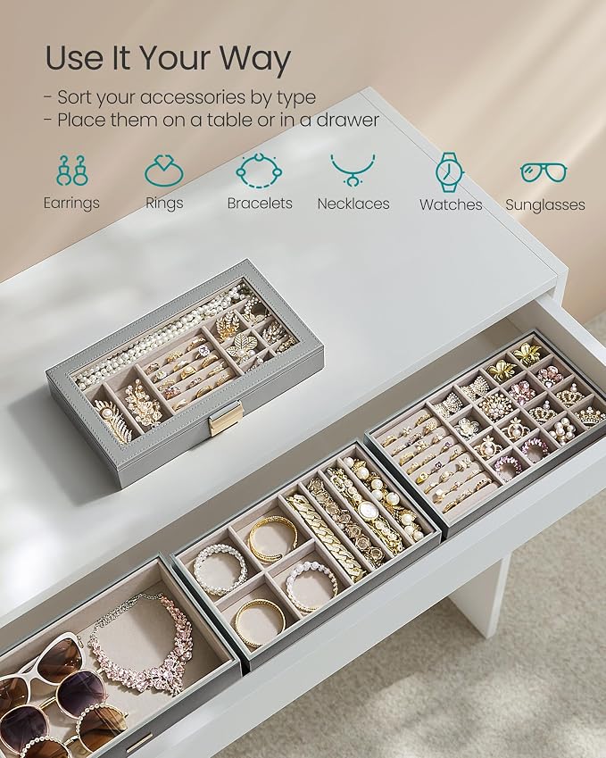 SONGMICS Stackable Jewelry Trays, 4-Tier Jewelry Box, Drawer Jewelry Organizer, with Glass Lid, Removable Dividers, for Vanity Table, 6.7 x 11 x 7.2 Inches, Gift Idea, Dove Gray UJBC164G01 - Image 3