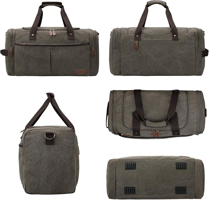 S-ZONE Large Canvas Travel Duffel Bag Weekend Overnight Bag with Shoes Compartment Holdall Gym Bag with Multi-Pockets for Men and Women, Army Green, X-Large | Water-resistant, X-Large Size, Multi-Pockets, Removable Shoulder Strap, for Gym or Travel, Ar... - Image 6