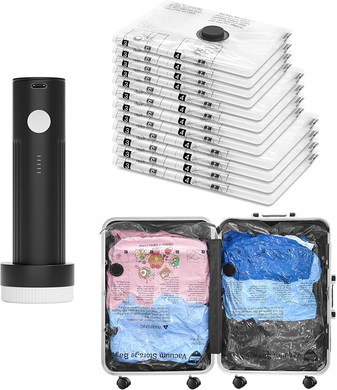 Vacuum Seal Bags for Clothing Travel and Home Storage, Travel Vacuum Bags with Electric Pump, Space Saver Compression Packing Cubes for Luggage Suitcase Bedding Blankets Clothes, 12 Combo by SUOCO