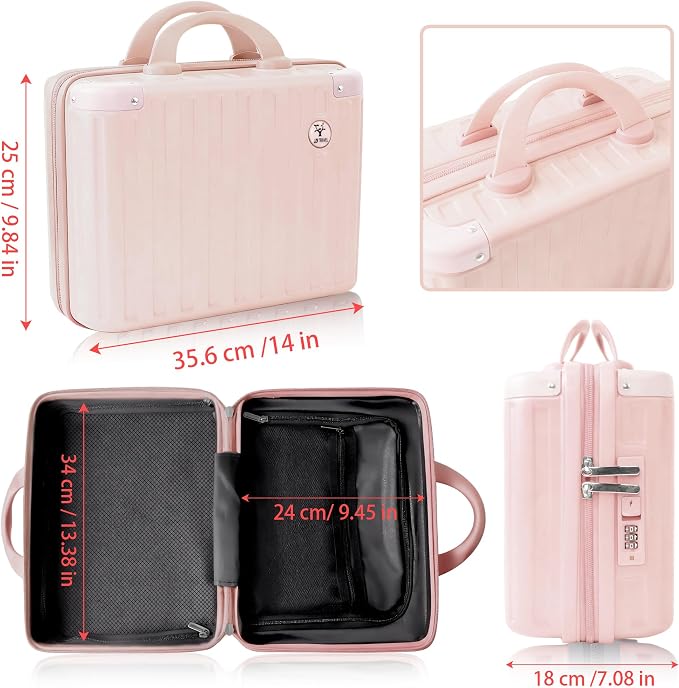 14 Inch Portable Waterproof Hard Shell Travel Makeup Case (Pink) | with Lock, ABS Scratch-Proof, Carrying Cosmetic Organizer Case with Elastic Band, Mini Suitcase Vanity Case for Women Girl - Image 3