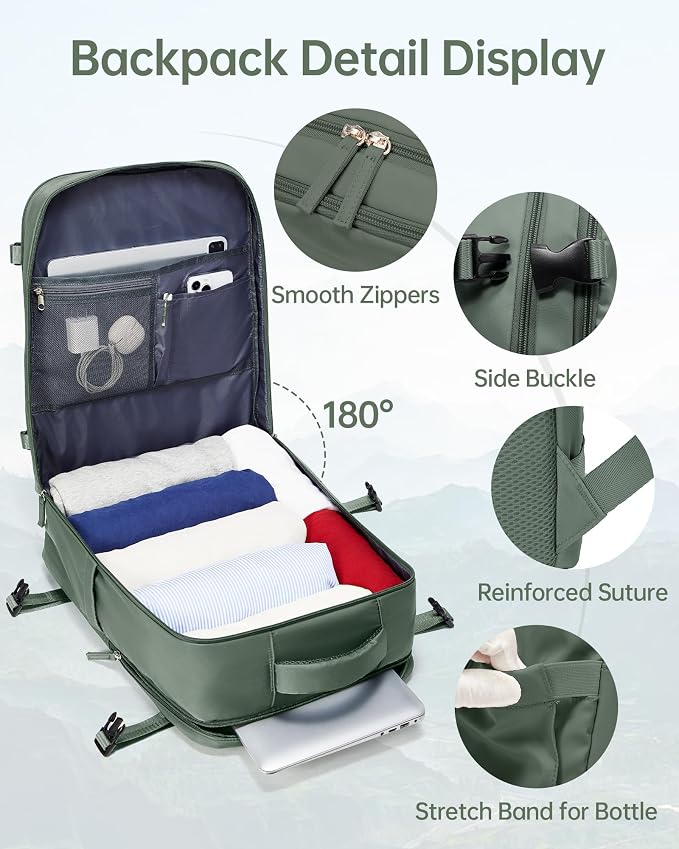 Carry on Travel Backpack for Women Men Large Hiking Laptop College Backpacks Personal Item Bag Waterproof Lightweight Backpack Flight Approved Mochilas de Viaje for Weekender Business,Army Green - Image 4