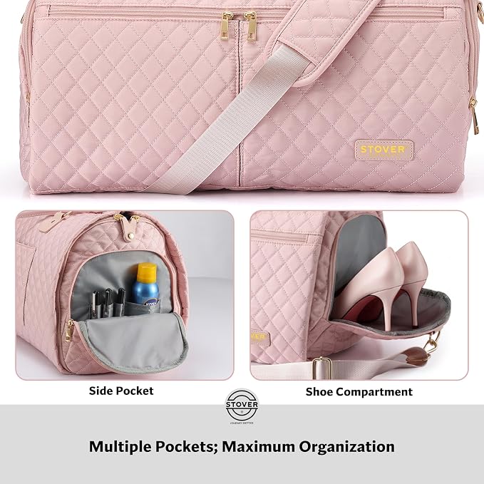 STOVER Women’s Convertible Garment Duffel Bag for Travel – 2-in-1 Carry-On Weekender/Overnight Tote - Wrinkle-Free Dresses, Suits & Clothes + Shoe Compartment & Bonus Toiletry Bag (Blush Pink) - Image 5