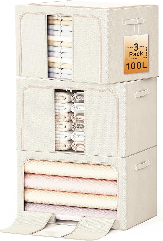 Clothes Storage Bins with Metal Frame, Foldable Clothes Organizers Storage Containers for Clothes, Sheets, Blankets, Pillows and Towels (100L, 3 Pack) Beige by LeArex