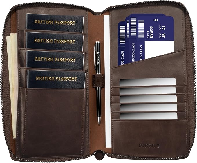 TORRO Premium Leather Family Travel Wallet, RFID Blocking Travel Organizer, Family Passport Holder for 4 Passports, Travel Documents and Cards (Dark Brown) - Image 2