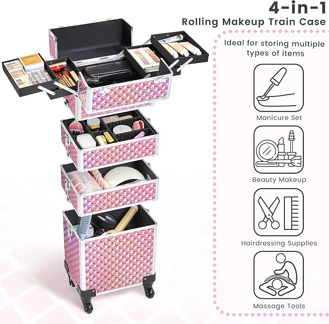 Yaheetech 4 in 1 Rolling Makeup Train Case, Glitter Pink Cosmetology Cart | Extra large diamond-finish aluminum train case with a lock, detachable tiers, and accordion trays keeping makeup organized - Image 4