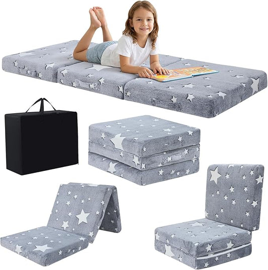 MeMoreCool Glow Star Kids Foldable Floor Mattress Trifold, 63x26 Inch Grey | Glow star trifold mattress for classroom flexible seating, reading, camping by MeMoreCool