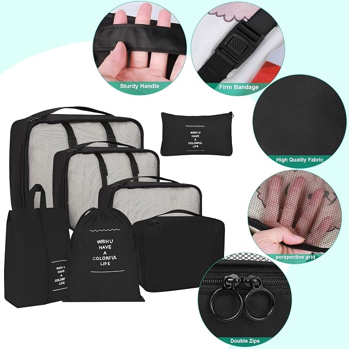 Travel organizer 7 in 1 Packing Cube For Travel Space Saver Laundry Cosmetics Luggage makeup Bag Organizers Set with Shoe Bag for travel (Black) - Image 3