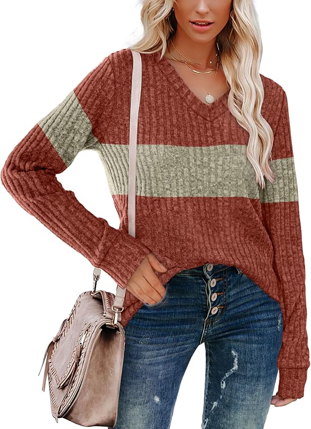 Sampeel V Neck Long Sleeve Shirts for Women Casual Fall Tops Lightweight Tunic Sweaters Fashion Clothes Loose Fit 2025