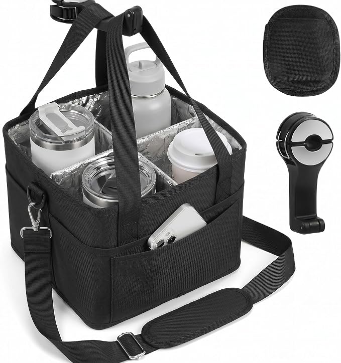 4 Water Bottle Holder with Strap - Multiple Tumbler Insulated Drink Carrier Tote Bag, Reusable Drink Family Size Caddy for Car, Delivery, Adjustable Dividers - 2 in 1 Car Seat Hook Set by ANTAND