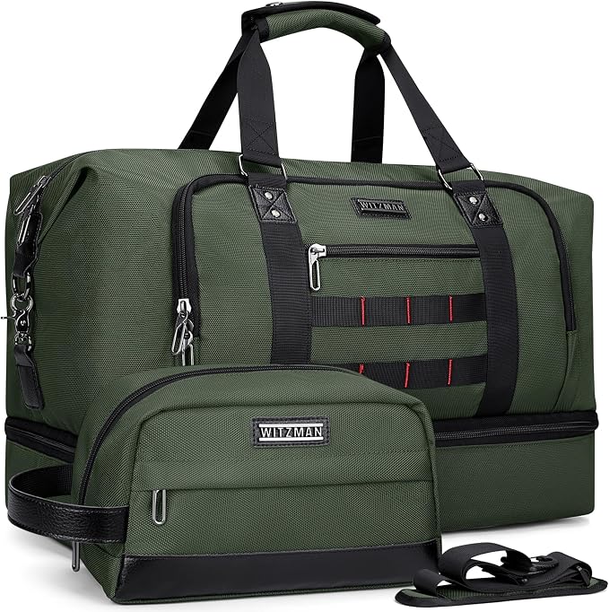 WITZMAN Nylon Duffle Bag for Men 55L with Toiletry Bag Sets Overnight Bag | Multi-pockets with Shoe Compartment and Dry-wet Pocket, Carry On, Convertible for Gym, Overnight, Sports, B696 Army Green by WITZMAN
