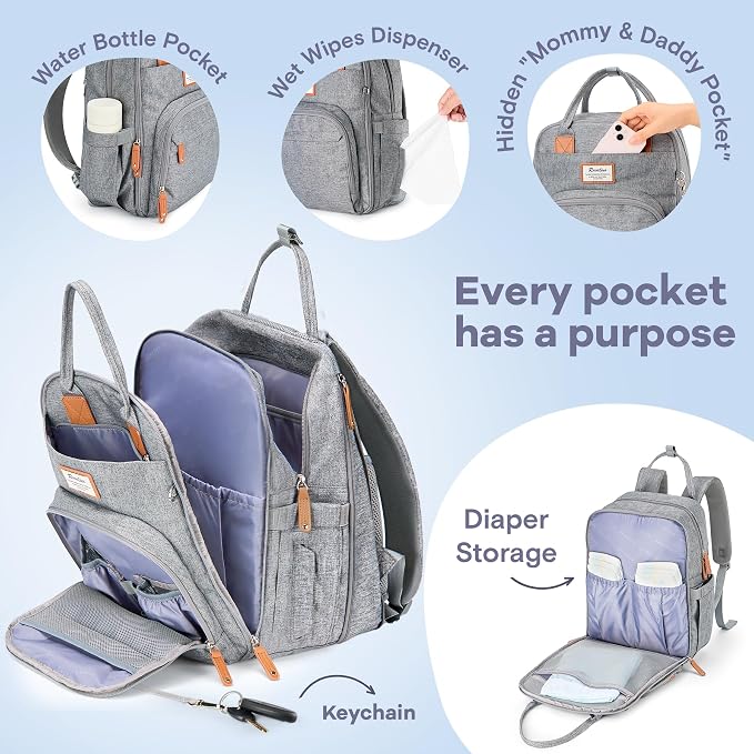 RUVALINO Diaper Bag Backpack-Expandable Baby Bag with up to 50% Capacity -Baby Essentials Bag with Changing Pad Insulated Bottle Holders & Pacifier Case, Waterproof, Gray XL - Image 3