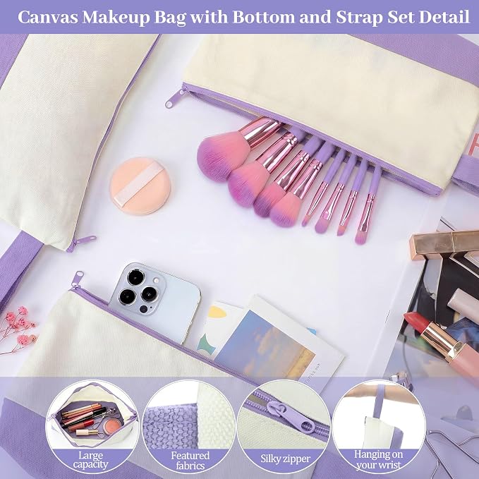 Silkfly 15 Pcs Cotton Canvas Makeup Bags Cosmetic Zipper Bags 10.2 x 5.5 x 2'' Blank DIY Pouch Bulk Pencil Case with Bottom Travel Toiletry Pouch for Women Craft Decor Gift (Beige and Light Purple) - Image 3
