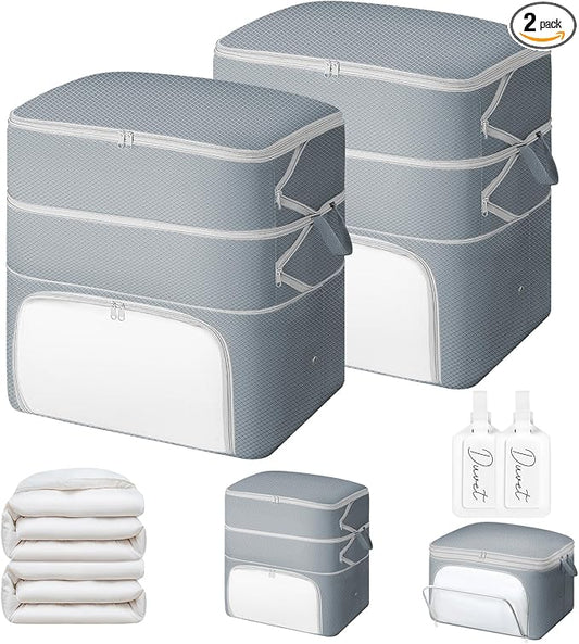 Comforter Storage Bag - 130L Blanket Storage Bags Front-opening Ultra Space Saving Self Compression Organizer, Washable Compression Bags for Storage Comforter Blanket, 2 Pack, Grey by EasortmPackingCubes