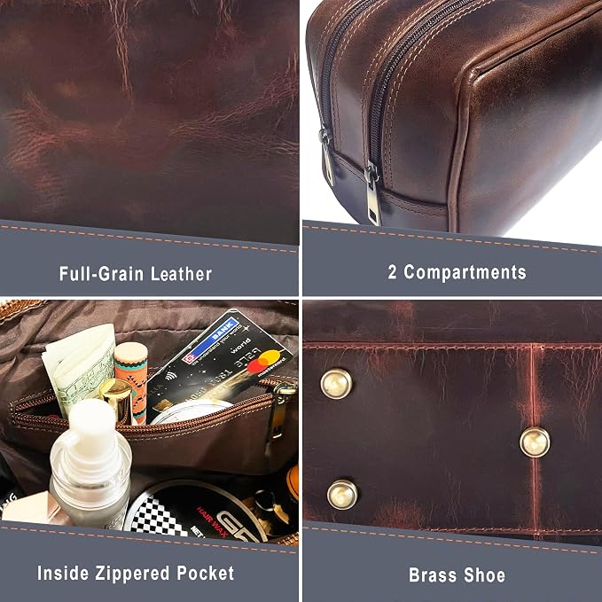 RUSTIC TOWN Leather Toiletry Bag for Men - Travel Shaving Ditty Kit - Bathroom Shower Toiletries Organizer - Leather Cosmetic Bag for Women (Walnut Brown) - Image 4