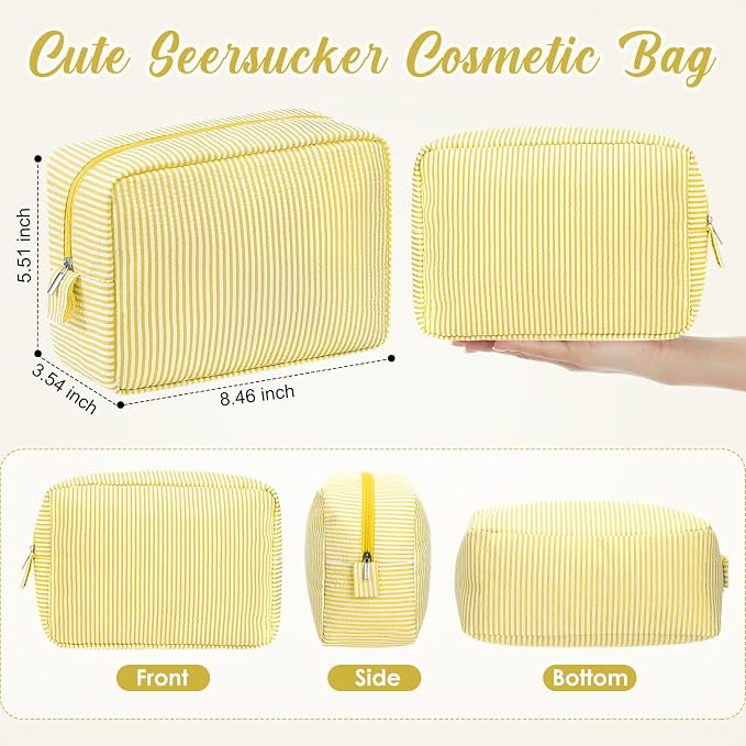 Sanwuta 6 Seersucker Cosmetic Bag Bulk Striped Makeup Bag for Women Aesthetic Cute Travel Toiletry Organizer Preppy Storage Pouch for Wedding Bridesmaid Mother's Day Teacher Gift (Large,Yellow) - Image 2