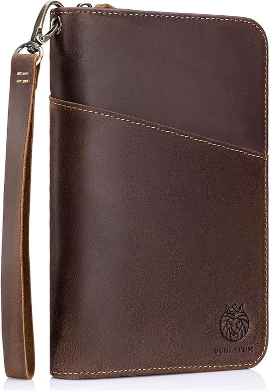 Passport Holder for Travel Family with Strap Genuine Leather RFID Blocking Travel Document Organizer Wallet with Pen Holder, Brown by SCHLATUM