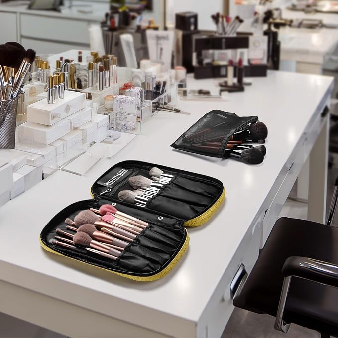BYOOTIQUE Makeup Brush Bag Organizer Portable Multi Brush Holder Hand Bag | Travel Makeup Artist Bag,Cosmetic Organizer Pouch Zipper Bag,with Removable Mesh,for Brushes Cosmetics,Yellow - Image 8