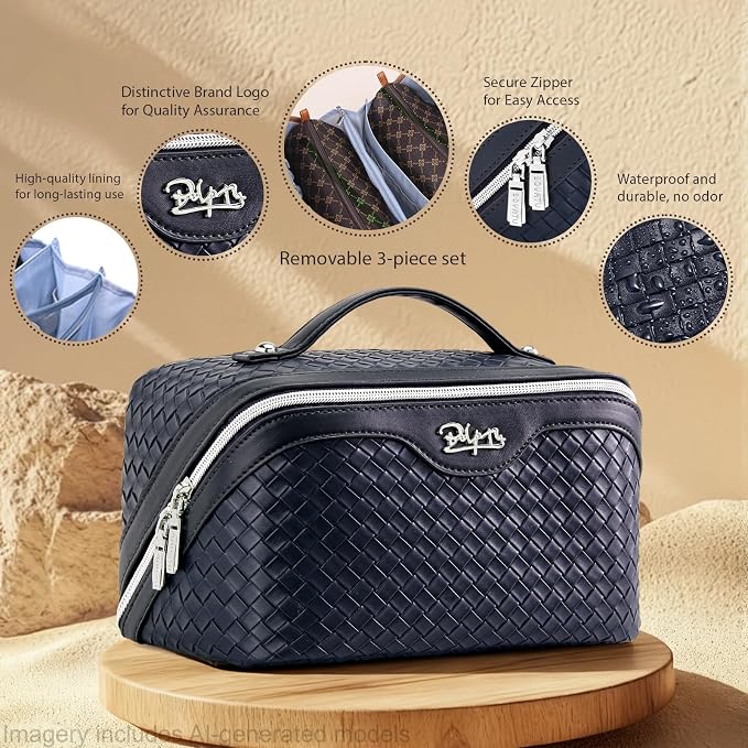 BOYATU Travel Makeup Bag Cosmetic Bags for Women: Large Capacity 3 Pcs Set Make up Bag with Compartments - Waterproof Vegan Leather Toiletry Organizer Bags with Handle (L40 Blue) - Image 2