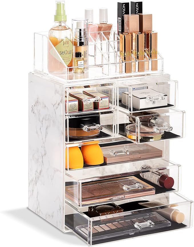 Sorbus Acrylic Makeup Organizer Set, 7-Drawer Vanity & Countertop Cosmetic Storage with Small & Wide Compartments, Marble Print Makeup Storage for Brushes, Jewelry – Holiday Gift for Women & Teens by Sorbus