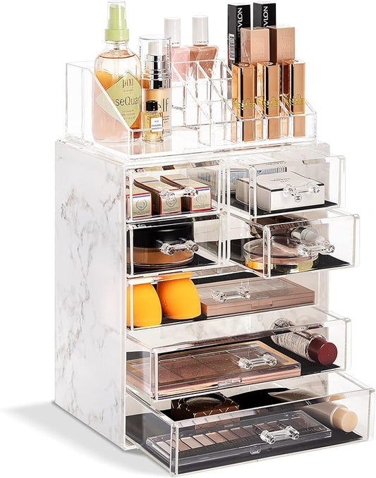 Sorbus Acrylic Makeup Organizer Set, 7-Drawer Vanity & Countertop Cosmetic Storage with Small & Wide Compartments, Marble Print Makeup Storage for Brushes, Jewelry – Holiday Gift for Women & Teens by Sorbus