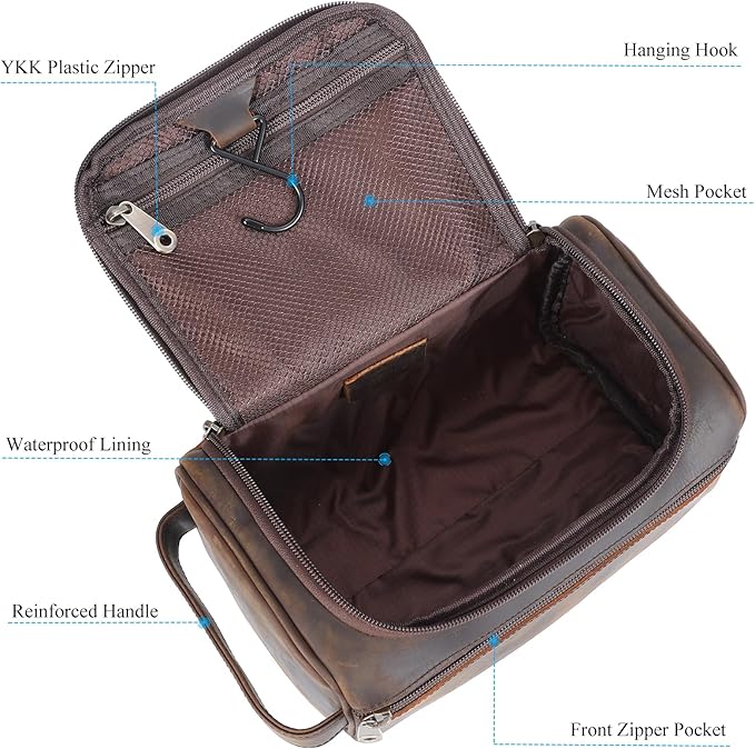 TIDING Mens Leather Hanging Toiletry Bag Travel Shaving Kit Portable Makeup Cosmetic Organizer Wash Case - Image 3