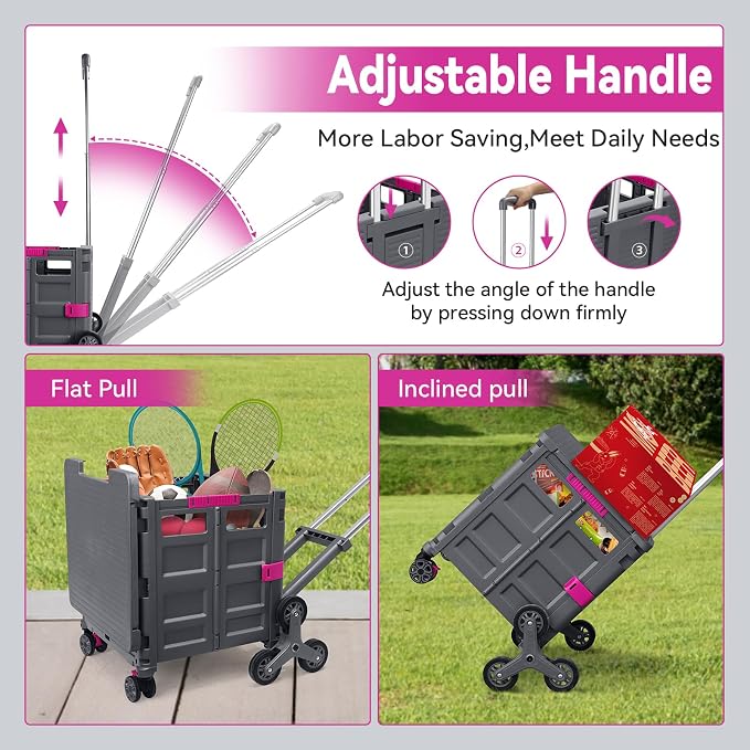Foldable Utility Cart Portable Crate Rolling Dolly with Telescopic Handle,Can be Pulled diagonally, Magnetic Retractable Lid, 360°Swivel Climbing Wheels for Shopping Carrying Groceries Move Grey - Image 3