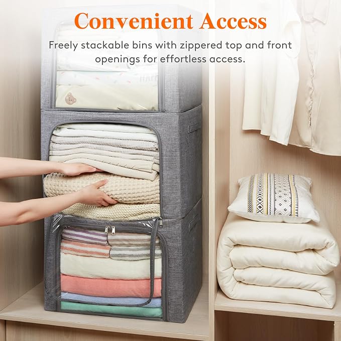 Lifewit Clothes Storage Bins with Metal Frame, Stackable Storage Box, Foldable Clothing Storage Bins with Lids, 100L Storage Bags Fabric Box Organizer with Clear Window＆ Zippers＆ Sturdy Handles 4 Pack - Image 5