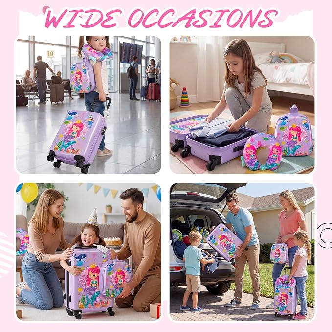 Sanwuta 4 Pcs Kids Luggage Set Back to School Gifts for Girls Boys Carry On Rolling Suitcase Backpack Neck Pillow Travel Set(18 Inch,Mermaid Style,Purple) - Image 6