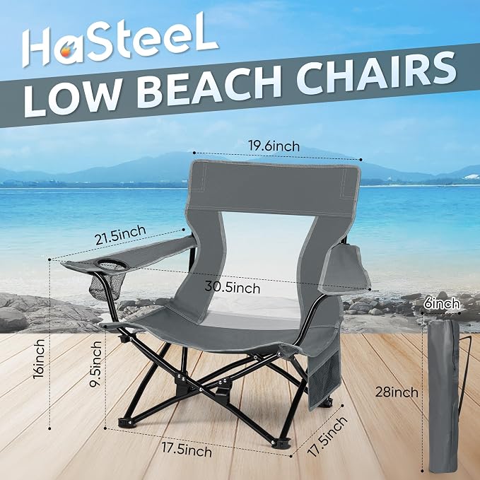 HaSteeL Folding Beach Chair Set of 2, Foldable Grey Camping Chairs for Outside, Low Beach Chair Portable for Adults Fishing, Picnic, Outdoor BBQ, Travel, Sports, Cup Holder & Storage Bag - Image 2