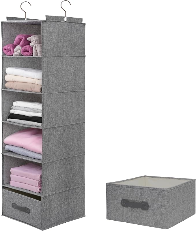 Large Hanging Sweater Organizer for Closet,Collapsible 6-Shelf Hanging Closet Shelves with Drawers, Washable (Grey-6 Shelf-1 d) by Unknown