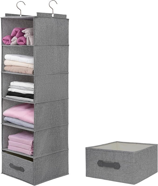 Large Hanging Sweater Organizer for Closet,Collapsible 6-Shelf Hanging Closet Shelves with Drawers, Washable (Grey-6 Shelf-1 d) by Unknown